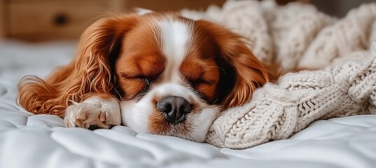 Peaceful dog sleeping on cozy white bed with blanket, providing ample space for text placement