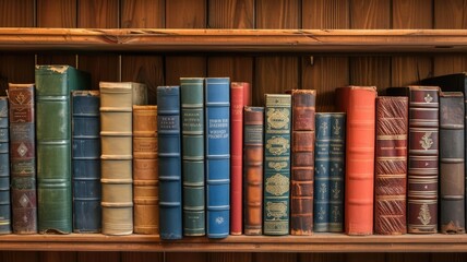Row of classic, leather-bound books on a wooden shelf, suggesting a library or study environment