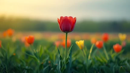 Fotobehang A lone tulip standing tall in a field of muted hues. large copyspace area © olegganko