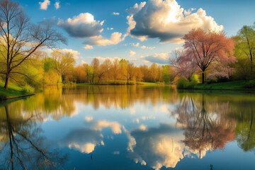 Reflections of blooming trees and fluffy clouds in the calm surface of a pond, showcasing the peaceful allure of April landscapes