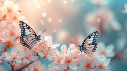 A pair of dainty butterflies dancing amidst tender blossoms. large copyspace area - obrazy, fototapety, plakaty