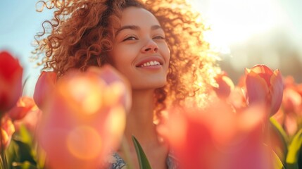 A joyful woman amidst vibrant tulips, her smile radiating warmth under the spring sun
