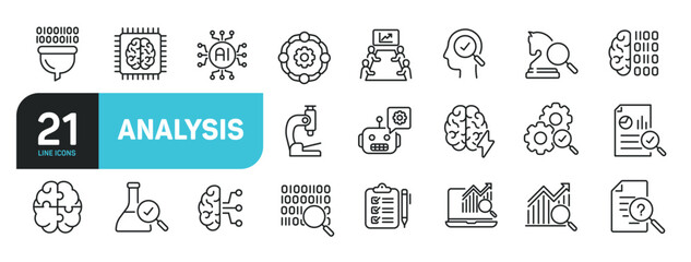 Set of line icons related to analysis, research, process. Outline icons collection. Editable stroke. Vector illustration.