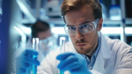 Fototapeta premium Male Scientist with Protective Gear Studies Blue Liquid in Test Tube, Modern Lab Setting Behind.
