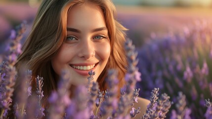 A happy twinkle in her eyes as she poses amidst a field of lavender in full bloom