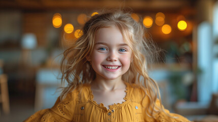 Fototapeta premium happy little child A cute young girl is having fun dancing around the living room, entertaining the audience.