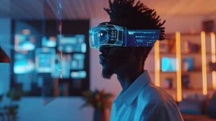 African american man in vr glasses, watching 360 degree video with virtual reality headset 