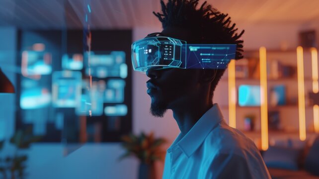 African american man in vr glasses, watching 360 degree video with virtual reality headset 