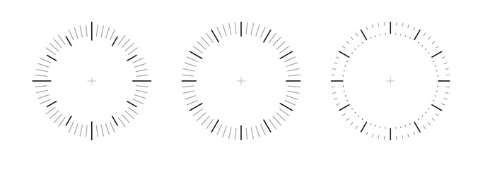 Clock face vector circle. Template analogue watches, thermometer degree or weight measuring. Speedometer or chrono meter, dot marked time scale PNG