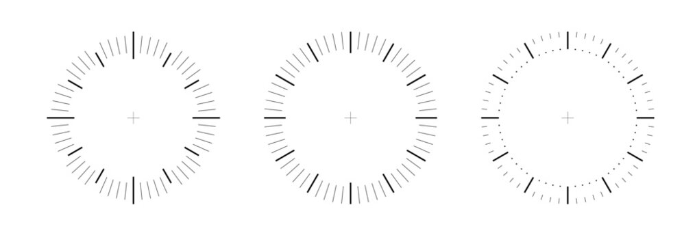 Clock face vector circle. Template analogue watches, thermometer degree or weight measuring. Speedometer or chrono meter, dot marked time scale PNG