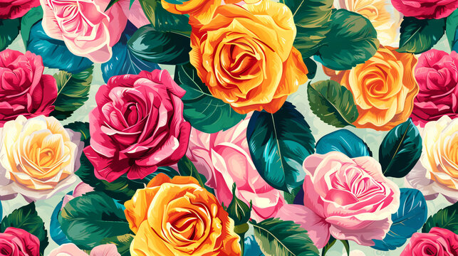 A captivating seamless pattern featuring an explosion of vibrant, blooming roses that instantly bring a romantic ambiance to any design. The delicate petals and graceful leaves create a mesm