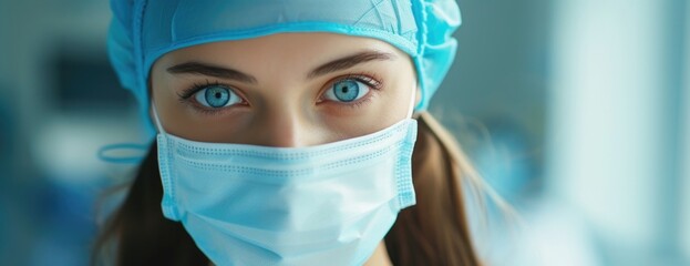 Fototapeta na wymiar Female Medical Staff with Intense Blue Eyes and Neatly Tied Hair, Illuminated in the Sterile Environment of the OR.