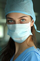 Fototapeta na wymiar Female Medical Staff with Intense Blue Eyes and Neatly Tied Hair, Illuminated in the Sterile Environment of the OR.
