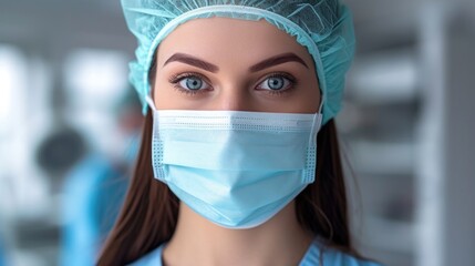 Fototapeta na wymiar Young Female Medical Professional in Blue Scrubs, Her Piercing Blue Eyes Exuding Confidence and Readiness.