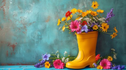 A bright yellow rain boot filled with colorful spring flowers - obrazy, fototapety, plakaty
