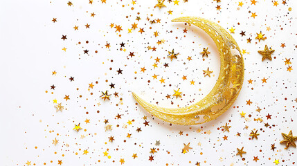 Ramadan Kareem golden crescent moon and star decoration on white background with confetti