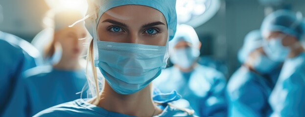 Attentive Female Surgeon with Surgical Team Poised Behind, Under the Bright Lights of the Operating Theater.