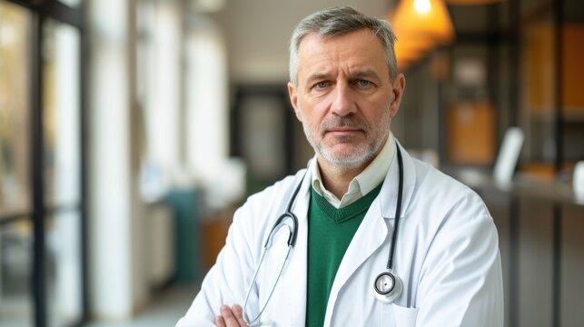 Mature Doctor with Graying Hair in a Warmly Lit Modern Office, Exuding Relaxed Professionalism.