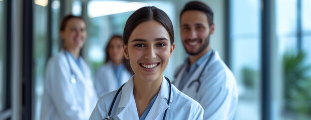 Joyful Medical Team in a Bright Hospital Setting, Central Female Doctor with Supportive Colleagues by Her Side.