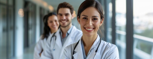 Energetic Young Doctor and Her Team Share Smiles in a Modern, Light-Filled Hospital Environment.