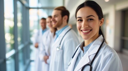 Radiant Team of Medical Professionals in Sunlit Hospital Corridor, Led by a Smiling Young Female Doctor.