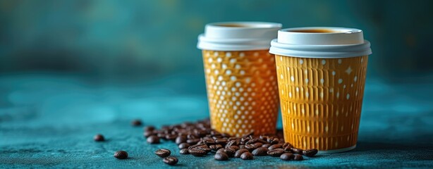 Coffee cup with coffee beans on a blue background, copy space