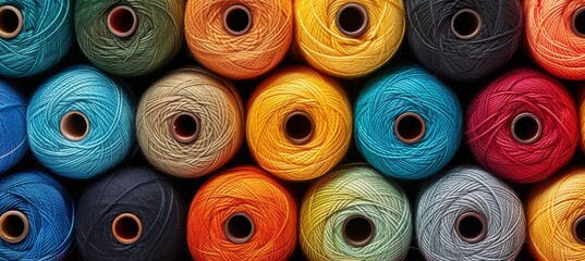 Colorful cotton threads on tailor textile fabric background with a variety of all colors and shades