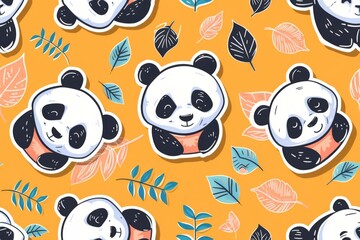 Cute panda seamless pattern, hand drawn forest background with flowers and dots, vector illustration