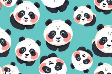 Fototapeta premium Cute panda seamless pattern, hand drawn forest background with flowers and dots, vector illustration
