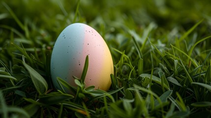 A minimalist Easter egg painted in pastel shades, resting on a bed of fresh green grass