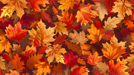Naklejka na ściany i meble Beautiful seamless pattern of fallen autumn leaves in vibrant hues and intricate textures, perfect for adding a seasonal touch to any project.