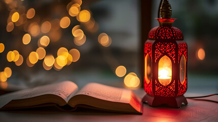 Lantern Lamp with open Quran Islamic Prayer concept