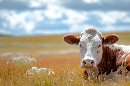 Brown and White Cow Standing in a Field