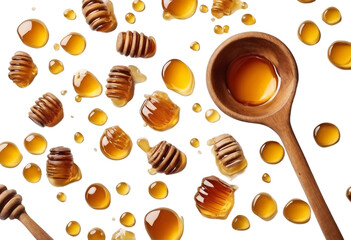 Honey and wooden spoon isolated on white background top view