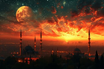 Obraz premium Mosque sunset sky, moon, holy night, islamic night and silhouette mosque, panaromic islamic wallpaper