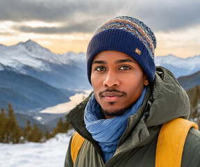 Fototapeta na wymiar Winter Wonderland: BIPOC Person Outdoors in Snowy Mountains Wearing Stylish Winter Clothing - Diverse Outdoor Winter Scenery, Snowy Landscape with Mountain Peaks, Cold Weather Outdoor Fashion