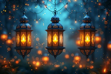 Fototapeta na wymiar Muslim Holy Month Ramadan Kareem - Ornamental Arabic Lantern With Burning Candle Glowing At Evening