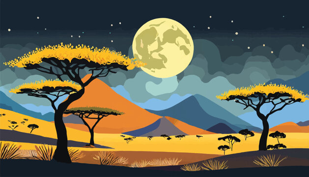  landscape with acacia trees at night vector cartoon illustration