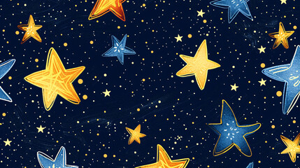 A mesmerizing seamless pattern featuring charming hand-drawn stars scattered across a captivating dark sky, bringing to life a whimsical and enchanting night scene.