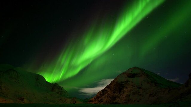 Norway Lofoten Islands winter  snow-covered geography northern lights at night green colored aurora borealis in the sky