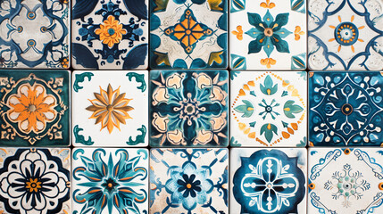 Fototapeta premium Beautifully crafted hand-painted ceramic tiles with intricate Mediterranean designs exuding a vibrant and exotic charm. Create a mesmerizing ambiance with this seamless pattern for your home