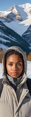 Winter Wonderland: BIPOC Person Outdoors in Snowy Mountains Wearing Stylish Winter Clothing - Diverse Outdoor Winter Scenery, Snowy Landscape with Mountain Peaks, Cold Weather Outdoor Fashion