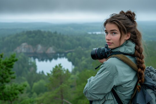 A girl, photographer is enjoying the view from a top of a mountain and holding a camera