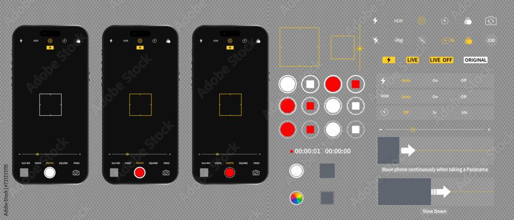 Wall mural vertical view of phone camera interface, video camera interface icons. application for mobile applic