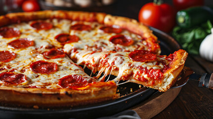close up of a cheesy deep dish pepperoni pizza