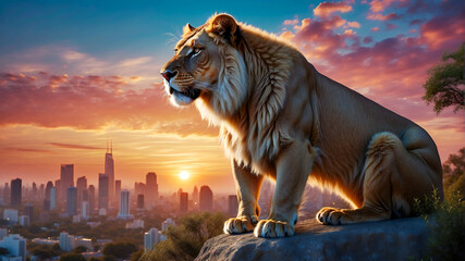 A lion in the background at sunset in the city