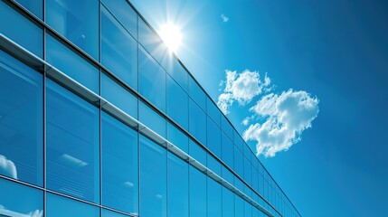 Fototapeta na wymiar Glass office building exterior outdoors on sunny day with blue sky with clouds reflecting in it