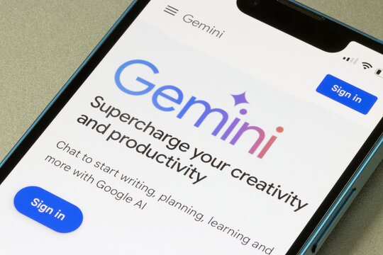Portland, OR, USA - Feb 8, 2024: Webpage of Gemini is seen on the Google website on an iPhone. Google renames its Bard chatbot to Gemini and releases a dedicated Gemini app for Android on Thursday.