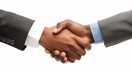 close-up of a handshake between two black businessmen, focus on hands and forearms, wearing business suits, white background, detailed view, professional and strong grip, clear and sharp image