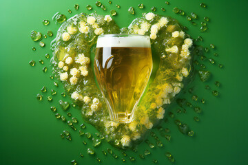 glass of beer on green background. Heart shaped texture. Celebration of St. Patrick Day holiday.